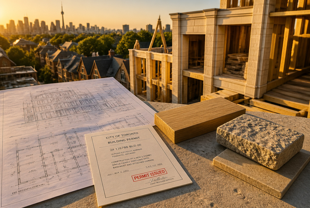 Architectural blueprint of a custom home development in Toronto with permit approval timeline overlay