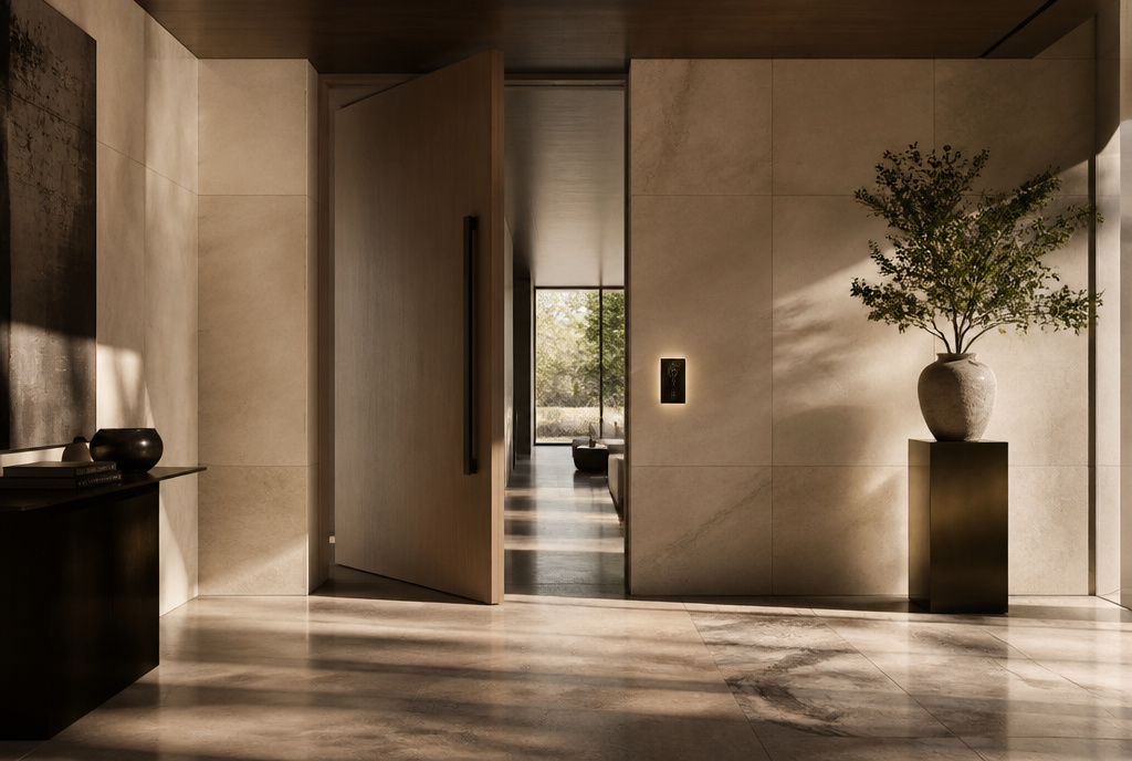 Modern luxury home featuring advanced keyless entry, smart security camera, and biometric access system for high-end properties.