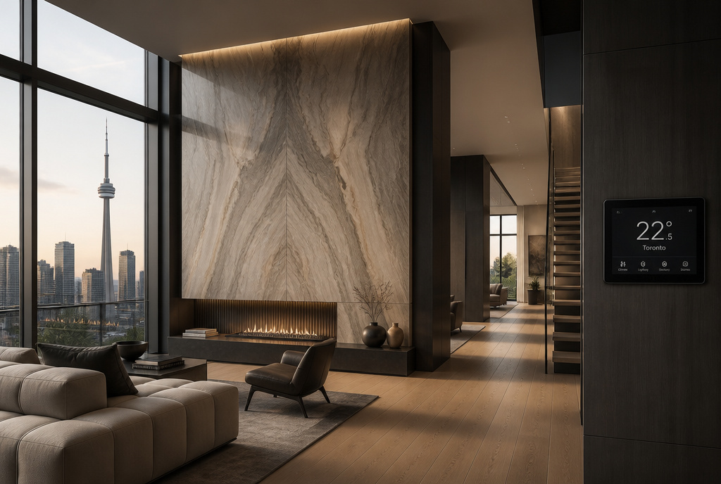 Architectural smart home featuring energy-efficient systems and sustainable infrastructure by Amista Homes in Toronto.