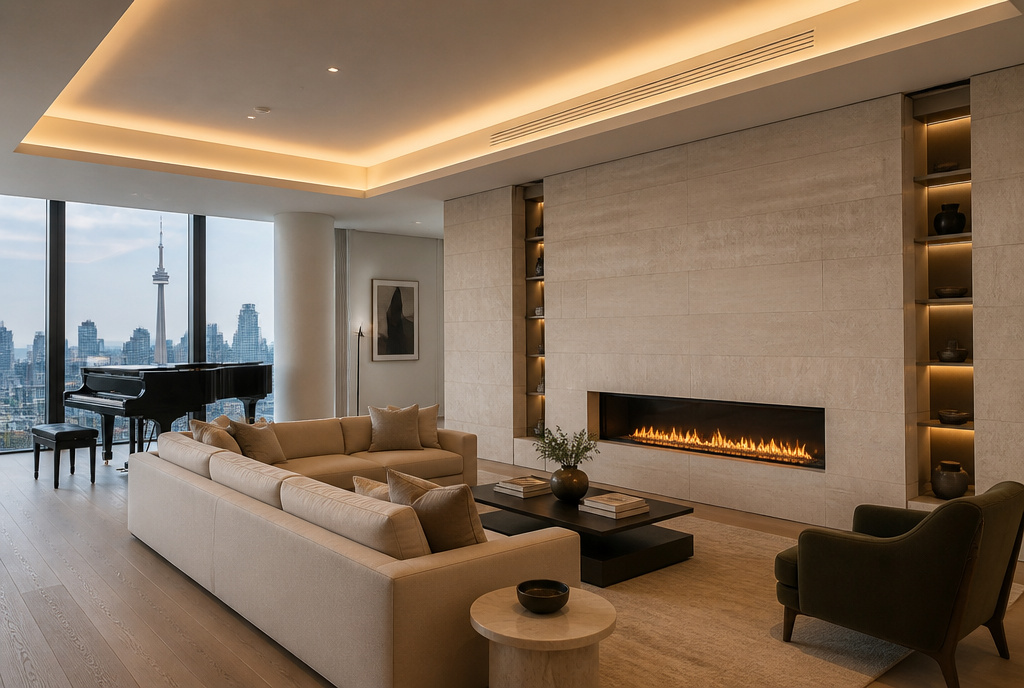 Modern living space featuring integrated architectural lighting and climate control as refined design features in a custom Toronto home.