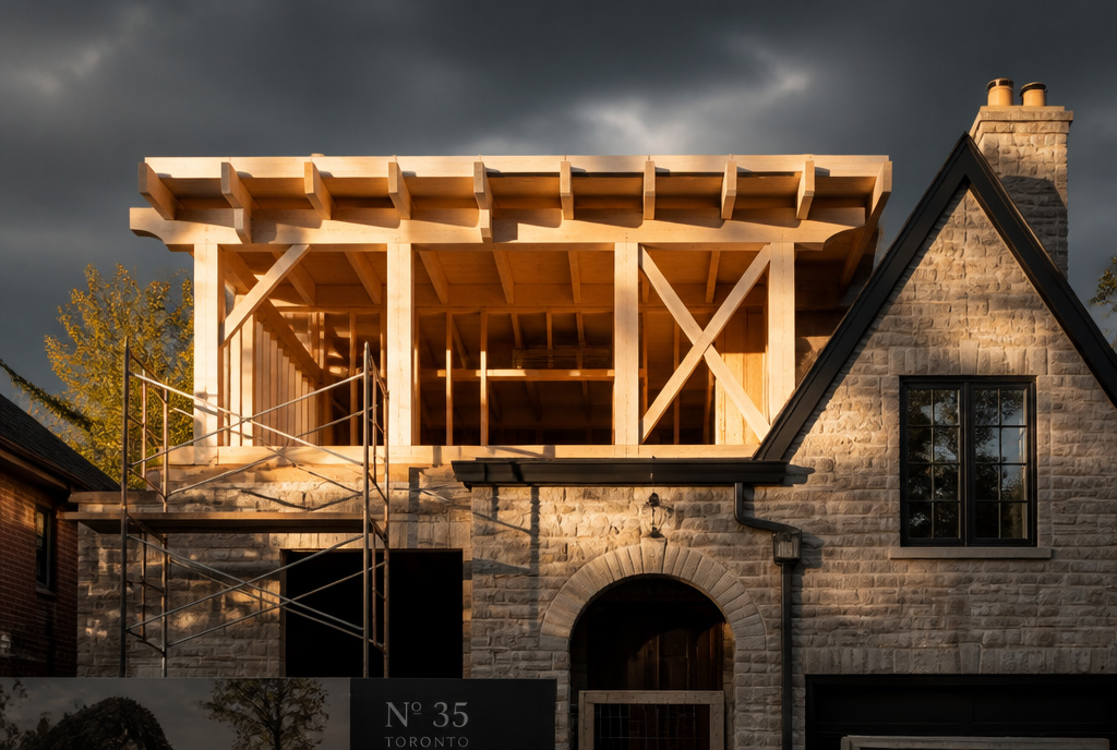 Architectural blueprint showing construction timeline phases for a custom second-storey home addition in Toronto