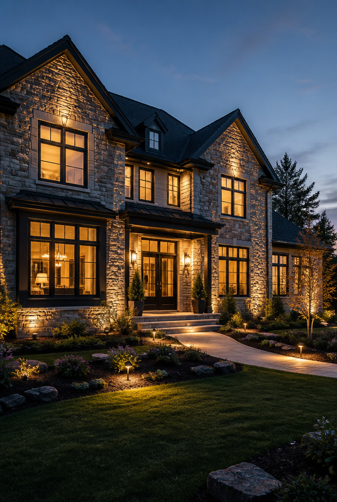 Wide shot of a freshly renovated home exterior with new stone veneer, black-framed windows, and warm glowing windows at dusk