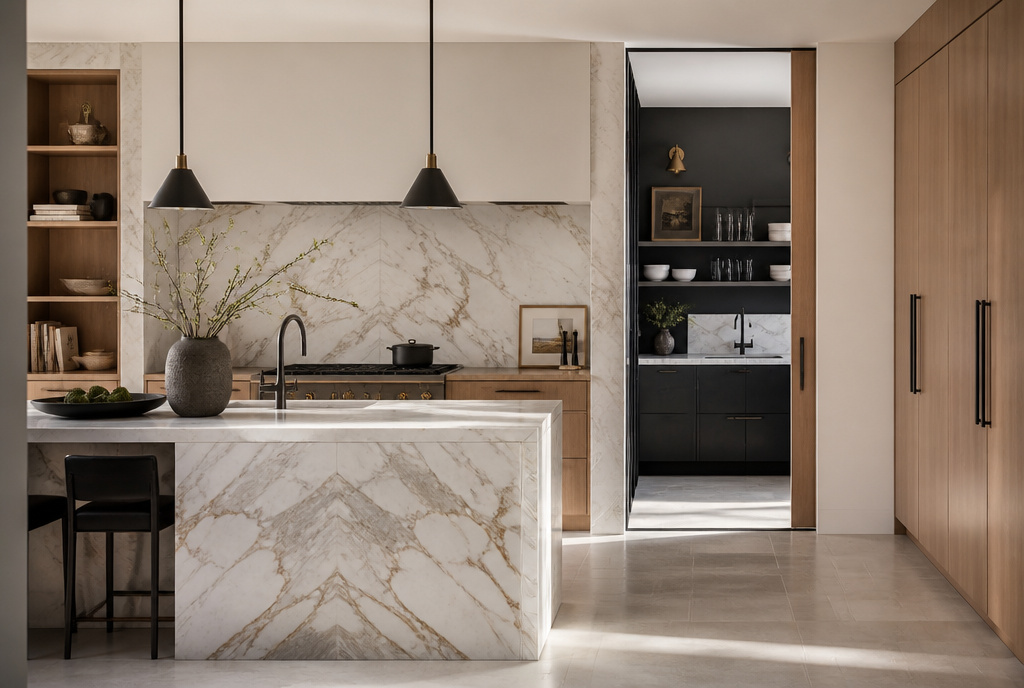 A refined custom show kitchen featuring high-end architectural finishes and a hidden scullery entrance.