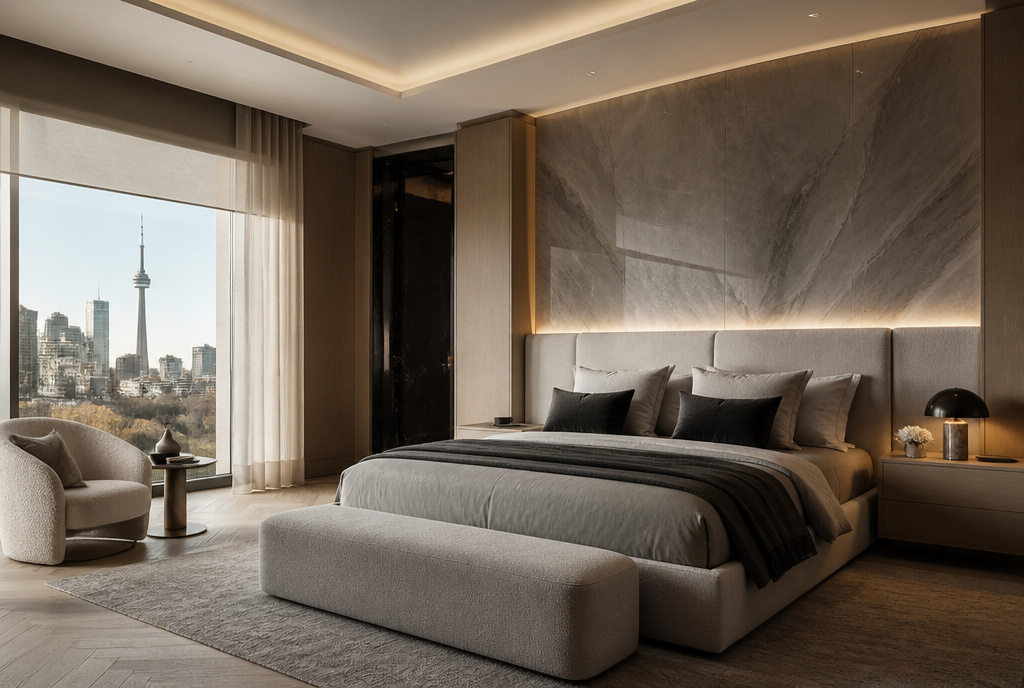 Refined discreet bedroom technology systems integrated through architectural design and enduring custom home craftsmanship